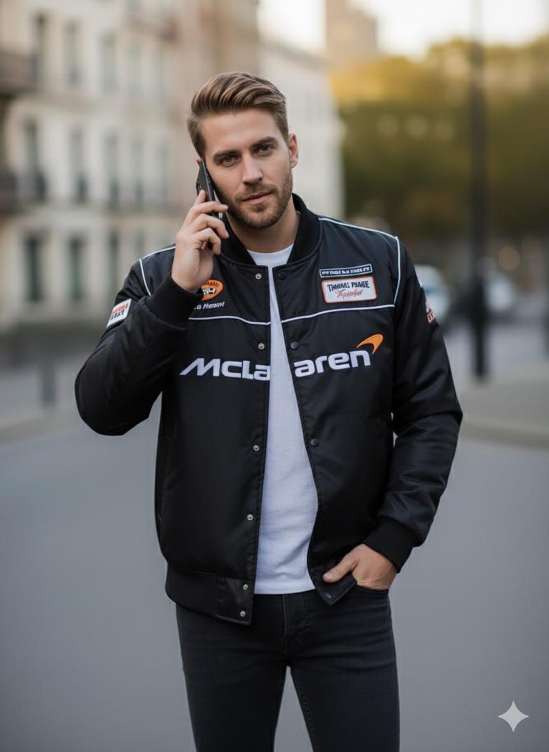 May include: A black bomber jacket featuring the white McLaren logo on the chest, a white t-shirt underneath, and dark denim jeans. The jacket includes various racing-style patches on the chest and sleeves, a snap-button closure, and ribbed cuffs.