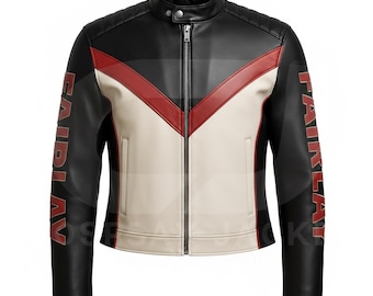 Mr. Terrific Style Leather Motorcycle Jacket: Black & White Retro Biker Coat |  Casual streetwear Outfit