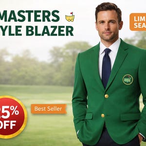 May include: A green blazer with gold buttons, a white shirt, and a navy blue tie. The blazer features a logo and the text "MASTERS STYLE BLAZER". The image includes a "25% OFF" and "Limited Season" graphic.