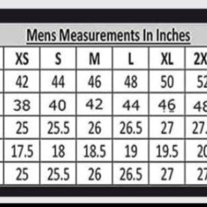 May include: A black and white sizing chart titled Mens Measurements In Inches. The table lists sizes from XXS to 5XL with corresponding measurements in inches for chest, waist, sleeves, shoulders, and length. The grid displays numerical data.