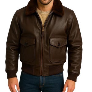 Men’s Brown Leather Bomber Jacket – Classic Aviator Flight Jacket with Shearling Collar, Vintage Pilot Style Coat