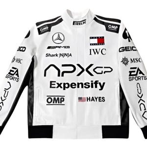 May include: White racing jacket with black detailing and various sponsor logos, including "APXGP" and "Expensify." The jacket has a stand-up collar, black cuffs, and a black hem. Logos include "EA SPORTS" and "IWC."