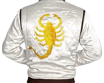 Drive Scorpion Jacket: White Satin Quilted Bomber with Golden Embroidery