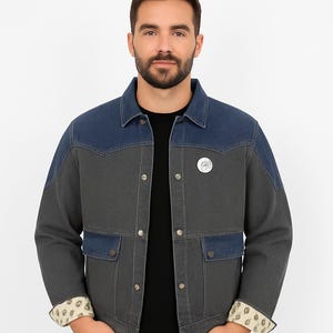 Chaqueta vaquera bicolor vintage de los años 90 para hombre / Abrigo estilo retro western / Chaqueta vaquera con parches en tonos azul y gris.