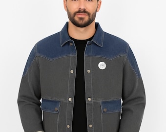 Men’s Vintage 90's Two Tone Denim Jacket | Retro Western Style Coat | Blue Grey Patchwork OuterwearTone Patch Work Denim Jean Jacket