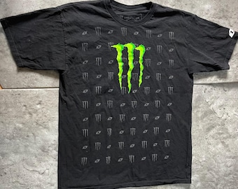 Vintage Monster Energy T-Shirt | Black Neon Green Claw Logo | All Over Print | Size Large | Streetwear Racing Tee | Y2K Aesthetic