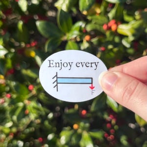 May include: An oval sticker with the words "Enjoy every" above a blue and black diagram with a red arrow labelled "F". The sticker is held in front of a background of green leaves and red berries.