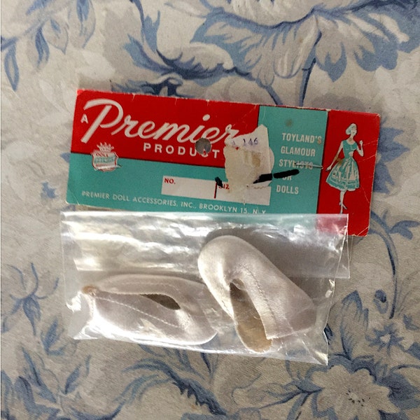 Vintage MIP Premier white satin slip on shoes for 14/16 inch flat footed dolls