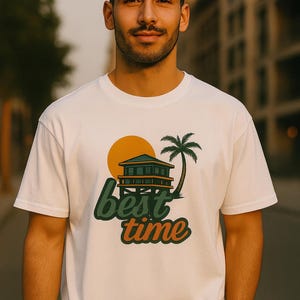 Best Time Beach T-Shirt - Retro Sommer Surf T-Shirt - Vintage Sunset & Palm Design - Cooles Herren Urlaubs Shirt - Sommer Vibes Geschenk