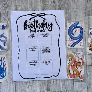 K&ouml;nnte beinhalten: Ein druckbarer Geburtstags-Tarot-Spread mit sechs Feldern, die mit "Engelzahlen", "Was man einl&auml;dt", "Welche Herausforderungen bevorstehen", "Ahnenbotschaft", "Fokus auf Selbstpflege" und "Was man losl&auml;sst" beschriftet sind. F&uuml;nf Tarotkarten liegen auf einer Holzoberfl&auml;che.