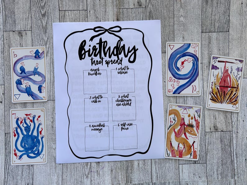 K&ouml;nnte beinhalten: Ein druckbarer Geburtstags-Tarot-Spread mit sechs Feldern, die mit "Engelzahlen", "Was man einl&auml;dt", "Welche Herausforderungen bevorstehen", "Ahnenbotschaft", "Fokus auf Selbstpflege" und "Was man losl&auml;sst" beschriftet sind. F&uuml;nf Tarotkarten liegen auf einer Holzoberfl&auml;che.