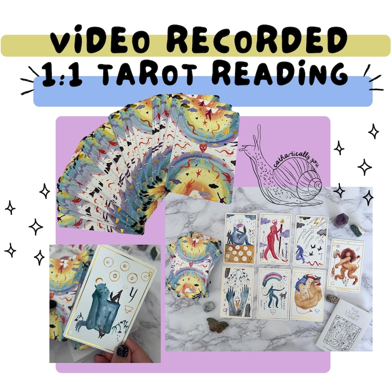 May include: A video recording of a one-on-one tarot reading with a deck of colorful tarot cards featuring illustrations of people and animals. The cards are laid out on a white surface with a pink background. The text "VIDEO RECORDED 1:1 TAROT READING" is at the top of the image.