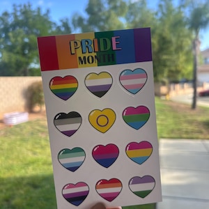 Pode incluir: Uma folha de autocolantes do Mês do Orgulho com corações coloridos do arco-íris e o texto "PRIDE MONTH" numa faixa do arco-íris. Os corações exibem várias bandeiras do orgulho LGBTQ+, incluindo as bandeiras transgénero, bissexuais e assexuais.