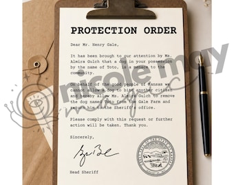 Utilería de orden de protección inspirada en magos / Carta imprimible para retirar perros de Kansas / Descarga de obra de teatro