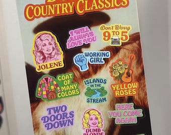 May include: A rectangular sticker sheet titled Dolly's Country Classics featuring various colorful illustrations and text related to Dolly Parton songs, including Jolene, 9 to 5, Coat of Many Colors, Islands in the Stream, and Tennessee Homesick Blues.