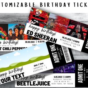 May include: Three customisable birthday ticket templates with black and white text. The first ticket is for Red Hot Chili Peppers, the second is for Ed Sheeran, and the third is for Beetlejuice. Each ticket has a black and white "ADMIT ONE" label with a ticket number.