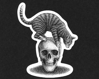 May include: A black and white illustration of a cat perched on top of a human skull. The cat is looking down at the viewer.
