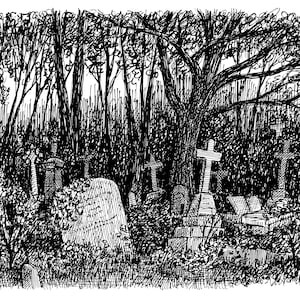 May include: A detailed black and white illustration of a cemetery scene. The image features several gravestones, some with crosses, surrounded by dense trees and foliage. The artwork has a sketched, hand-drawn style.