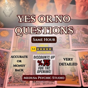May include: An advertisement for Medusa Psychic Studio, showcasing tarot cards. The text reads "Yes or No Questions," "Accurate or Money Back," and "Discounts up to 75% for the opening!" A 5-star review rating is also visible.