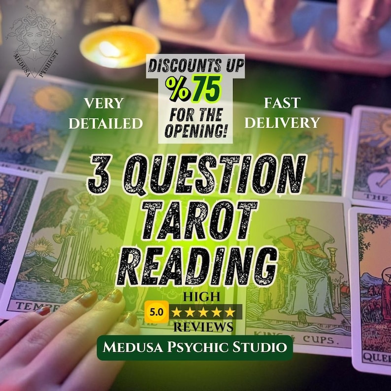 May include: An advertisement for a tarot reading service. The image features tarot cards, a lit candle, and text that reads "3 Question Tarot Reading" and "Discounts Up 75% For The Opening!" The service is called Medusa Psychic Studio.