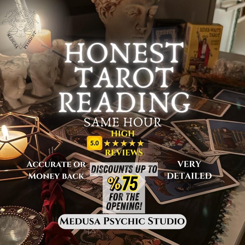 May include: An advertisement for tarot readings, featuring the text "HONEST TAROT READING". The image includes text about same-hour readings, high ratings, and discounts. Tarot cards and decorative items are also visible in the image.