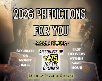 May include: An advertisement for psychic readings with the text "2026 Predictions For You." The image includes tarot cards, candles, and the text "Accurate or Money Back" and "Discounts Up 75% For The Opening!" The Medusa Psychic Studio logo is also visible.