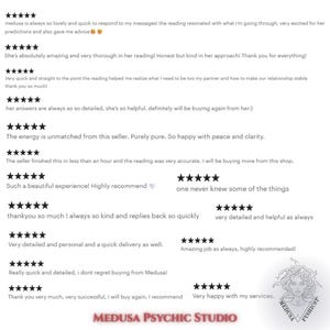 May include: Image featuring customer reviews with five-star ratings. Text includes phrases like "amazing," "detailed," and "highly recommend." The logo for Medusa Psychic Studio is at the bottom, with a stylized illustration of Medusa.