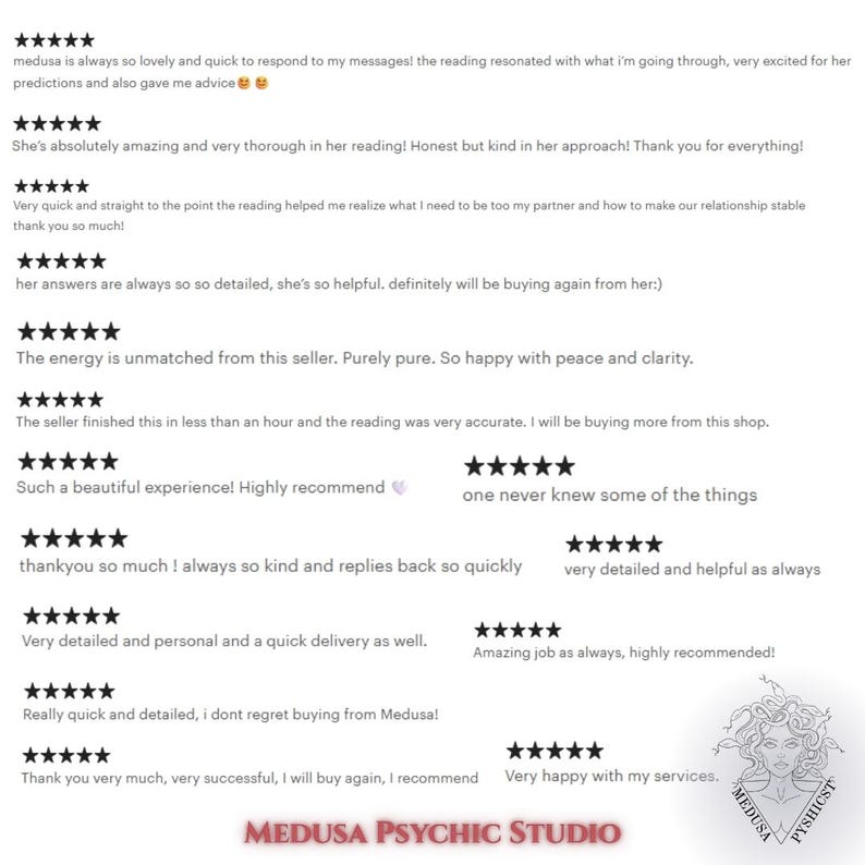 May include: Image featuring customer reviews with five-star ratings. Text includes phrases like "amazing," "detailed," and "highly recommend." The logo for Medusa Psychic Studio is at the bottom, with a stylized illustration of Medusa.