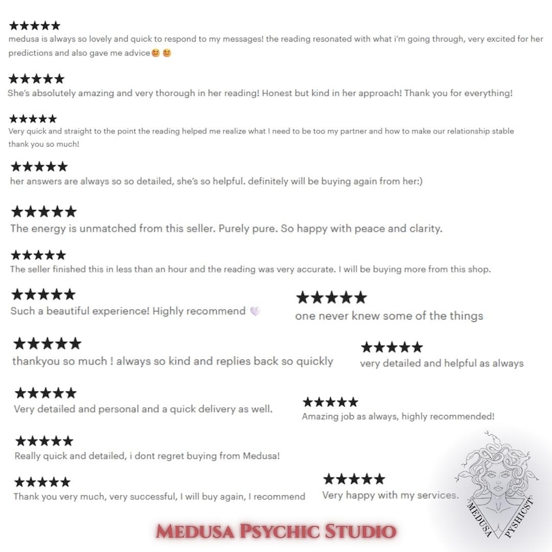 May include: Image showing customer testimonials with five-star ratings. Text includes phrases such as "amazing," "detailed," and "highly recommend." The Medusa Psychic Studio logo is at the bottom, featuring a Medusa illustration.