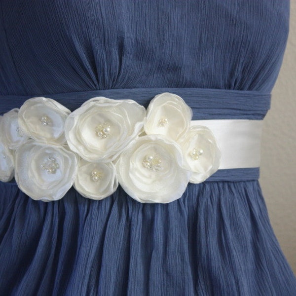 Bridal Fabric Rose Flower Belt in Ivory with Organza, Pearls and Crystals (Style No. 30)