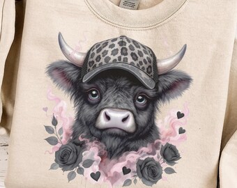 Highland Cow In Trucker Hat PNG - Cute Farm Cowgirl Hat Sublimation Design Dark Coquette Leopard Print, Funny Moody Cow Western Girl