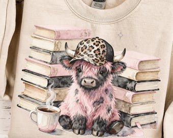 Highland Cow In Trucker Hat PNG, Cute Farm Cowgirl Leopard Print Hat Sublimation Design, Funny Moody Coffee & Books Country Girl Graphics