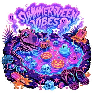 Peut inclure: Illustration vibrante avec le texte "Summerween Vibes". Un capybara squelette portant des lunettes de soleil se détend dans une piscine avec des crânes flottants, des fantômes et des citrouilles. Des glaces, des tongs et un cocktail complètent la scène.