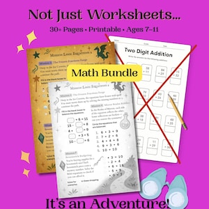 May include: A math bundle with worksheets for ages 7-11. The image shows printable pages with equations, including addition problems and word problems. The worksheets have a purple background with the text "Not Just Worksheets..." and "It's an Adventure!"