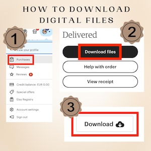 Puede incluir: Una gu&iacute;a paso a paso sobre c&oacute;mo descargar archivos digitales. La imagen muestra tres pasos: seleccionar "Compras", hacer clic en "Descargar archivos" y presionar el bot&oacute;n "Descargar". El texto es negro y rojo sobre un fondo beige.