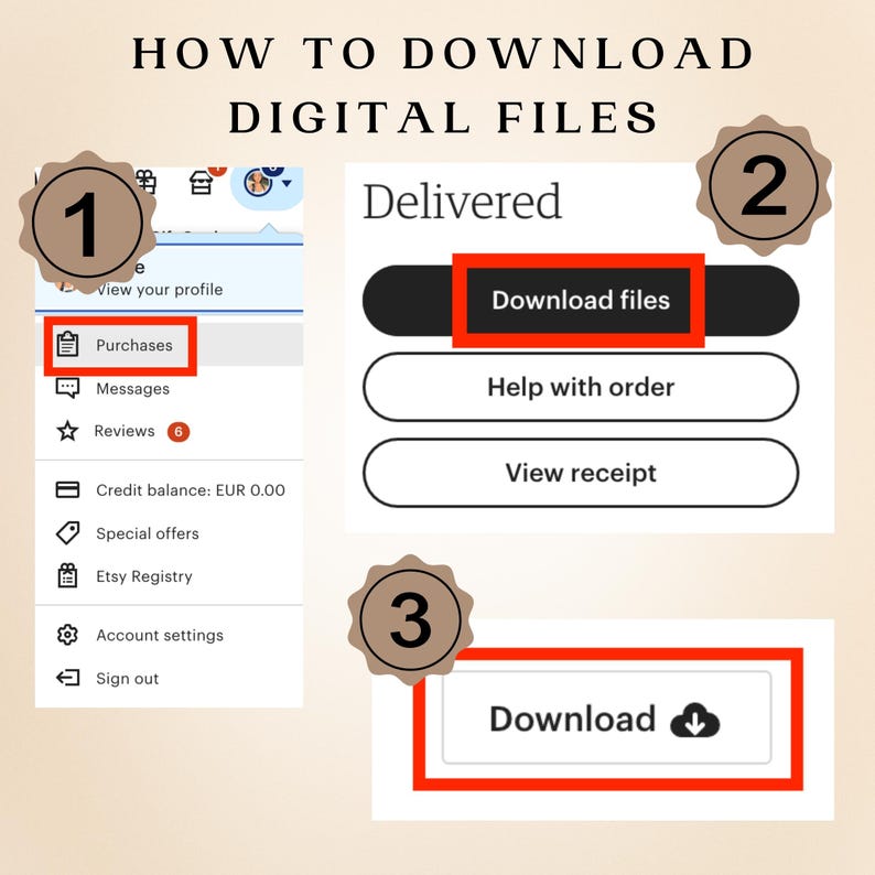 Puede incluir: Una gu&iacute;a paso a paso sobre c&oacute;mo descargar archivos digitales. La imagen muestra tres pasos: seleccionar "Compras", hacer clic en "Descargar archivos" y presionar el bot&oacute;n "Descargar". El texto es negro y rojo sobre un fondo beige.