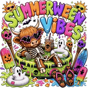 May include: A colorful illustration with the words "Summerween Vibes." A skeleton Highland cow wearing sunglasses relaxes in a pool, holding a drink. Halloween and summer-themed elements include a ghost float, skull torches, and pumpkin-themed flip-flops.