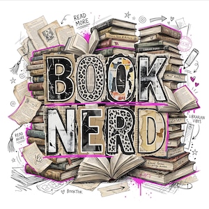 Puede incluir: Ilustraci&oacute;n gr&aacute;fica con las palabras "BOOK NERD" en letras grandes y estilizadas. Las letras est&aacute;n compuestas por libros apilados, estampado de leopardo y texturas de papel envejecido. Alrededor del texto hay pilas de libros, p&aacute;ginas sueltas y garabatos.
