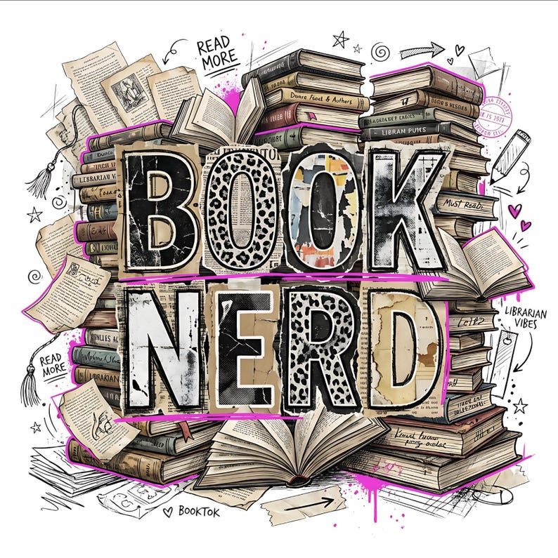 Puede incluir: Ilustraci&oacute;n gr&aacute;fica con las palabras "BOOK NERD" en letras grandes y estilizadas. Las letras est&aacute;n compuestas por libros apilados, estampado de leopardo y texturas de papel envejecido. Alrededor del texto hay pilas de libros, p&aacute;ginas sueltas y garabatos.