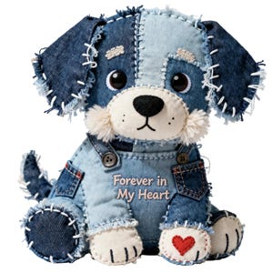 May include: A stuffed dog made from patchwork denim. The dog has a light blue and dark blue color scheme, with white stitching and a red heart on one paw. The text "Forever in My Heart" is embroidered on the dog's overalls.