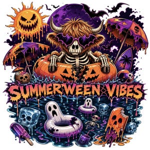 May include: A vibrant graphic with a Halloween theme. A skeleton with sunglasses sits in a pumpkin float, surrounded by spooky beach elements. The text "SUMMERWEEN VIBES" is displayed in a dripping font, with a purple moon and bats in the background.