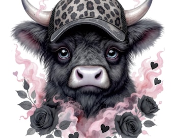 Highland Cow In Trucker Hat PNG - Cute Farm Cowgirl Hat Sublimation Design Dark Coquette Leopard Print, Funny Moody Cow Western Girl
