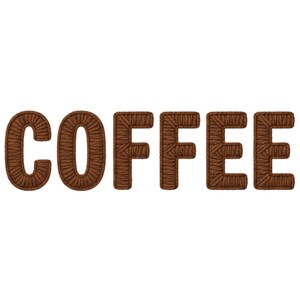 Puede incluir: La palabra "COFFEE" se muestra en letras grandes, marrones, similares a cuerdas, sobre un fondo blanco. Las letras son gruesas y texturizadas, con una apariencia tejida, creando un efecto 3D. La imagen es simple y limpia.
