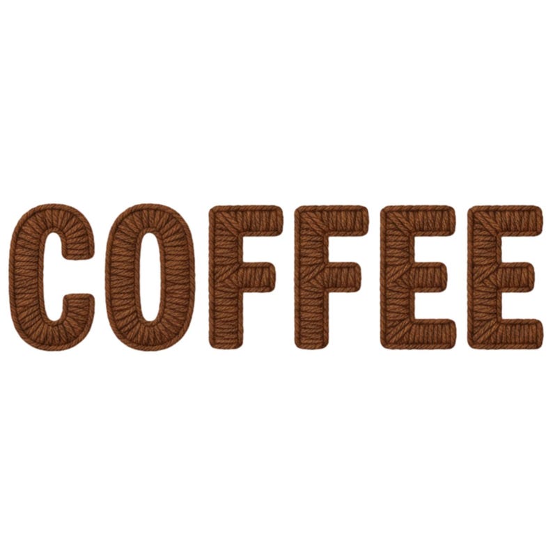 Puede incluir: La palabra "COFFEE" se muestra en letras grandes, marrones, similares a cuerdas, sobre un fondo blanco. Las letras son gruesas y texturizadas, con una apariencia tejida, creando un efecto 3D. La imagen es simple y limpia.