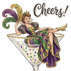 ¡Saludos, Reina del Carnaval! PNG, Diseño de sublimación retro divertido, Cóctel festivo PNG descargable, Decoración de cócteles, Descarga digital
