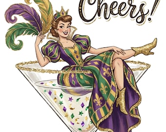 Proost Mardi Gras Queen PNG, grappig retro sublimatieontwerp, vakantiecocktail downloadbaar png, cocktaildecor digitale download