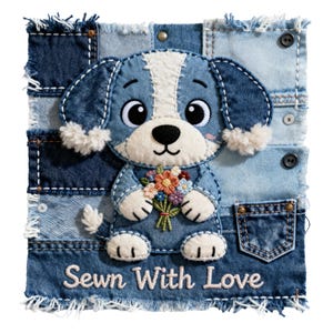 May include: A denim patchwork square featuring a cartoon dog holding a bouquet of flowers. The dog is blue and white with large eyes and a black nose. The text "Sewn With Love" is at the bottom.