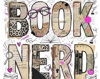Nerd de libros PNG, diseño digital de sublimación para amantes de los libros, estilo retro chic y moderno, PNG de moda para bibliotecarios de Booktok. Descarga digital.