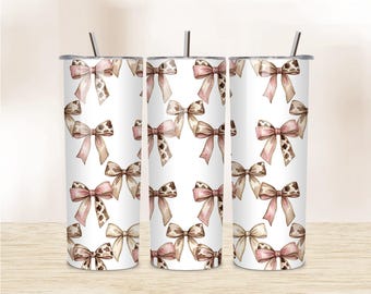 Cute Coquette Tumbler Wrap, Girly Cowgirl Pink Bows 20 oz Skinny Sublimation Design, Trend PNG Tumbler Seamless Digital Download