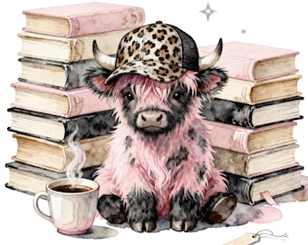 Vaca escocesa con gorra de camionero PNG, lindo diseño de sublimación de gorra con estampado de leopardo de vaquera de granja, divertidos gráficos de chica de campo con café y libros